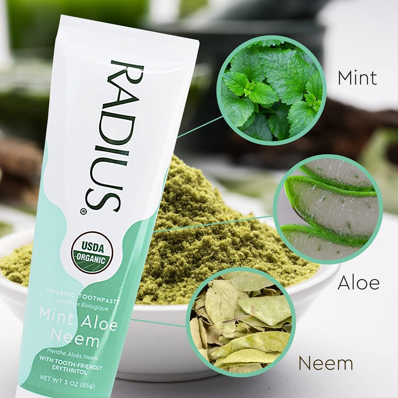 RADIUS Toothpaste, Mint Aloe Neem, 3 oz, USDA Organic Non-Toxic Chemical-Free Gluten-Free, Designed to Improve Gum Health & Prevent Cavities, Pack of 1 - Image 4